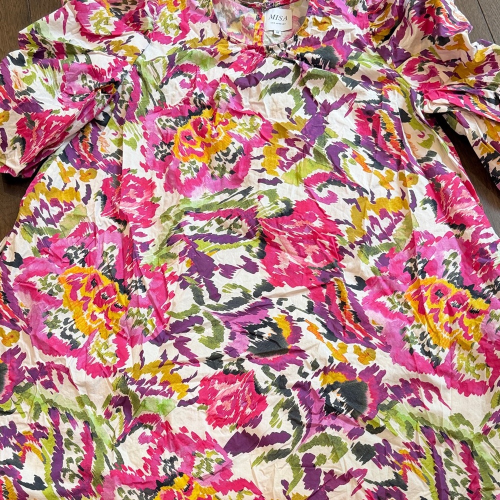 MISA Los Angeles Pink Floral Ikat Puff Sleeve Mini Shift Dress Womens Size M c11 - Picture 5 of 7